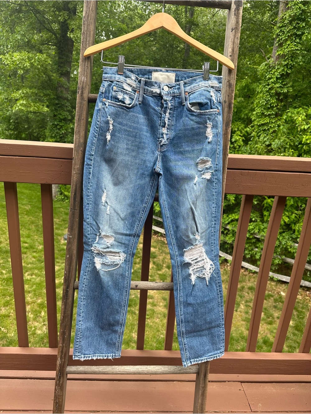 MOTHER Mid-Blue Distressed Straight Leg Jeans